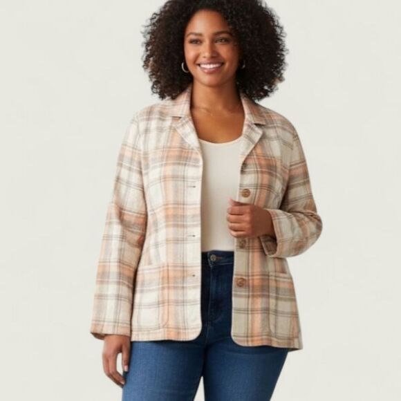 100% Linen Blazer Plaid Jacket 20W Kasper Woman Orange Cream Career Shacket - Picture 1 of 16